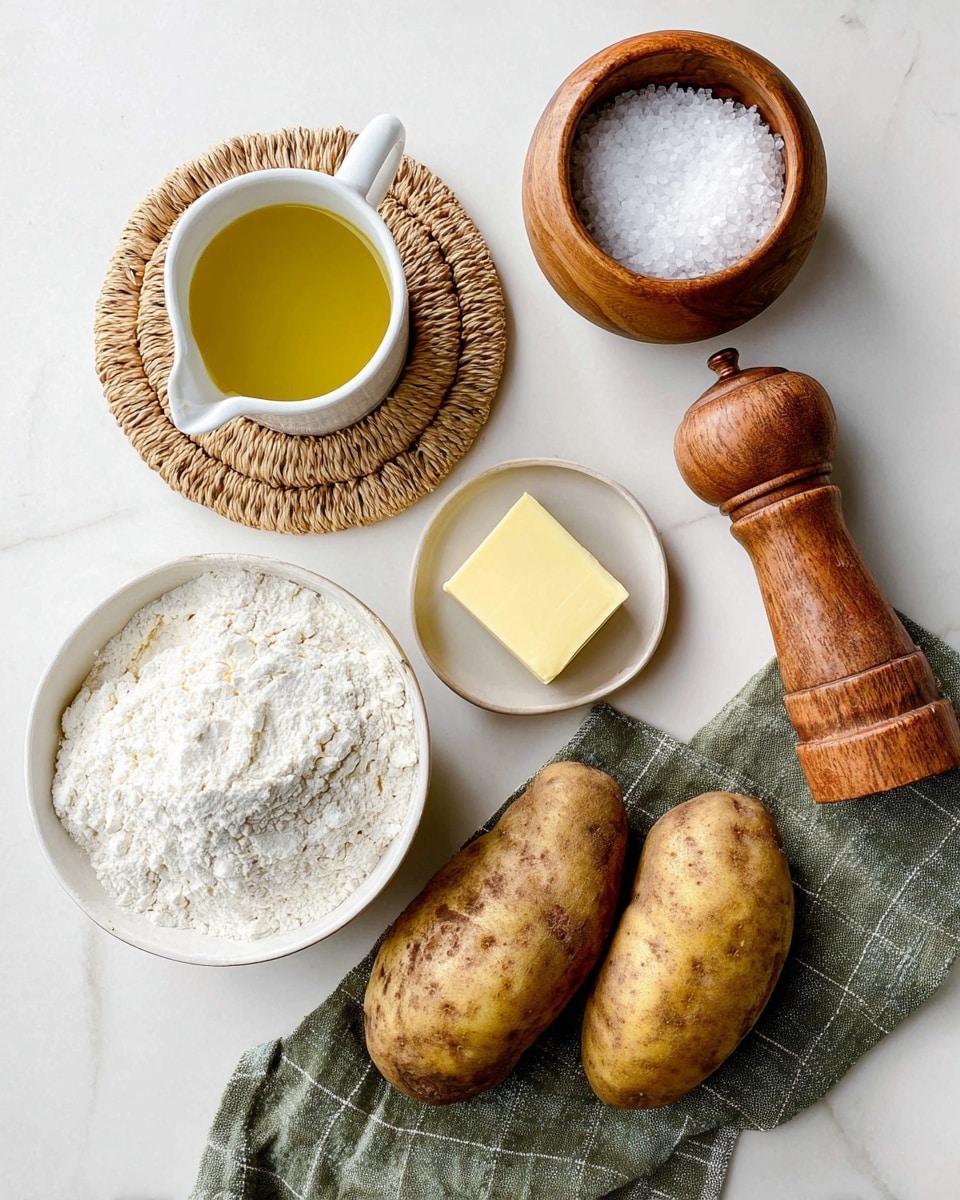 The image shows raw ingredients on a white marbled surface, including two whole russet potatoes with brown skin resting on a green checked cloth on the right side. Below the potatoes, there is a small white bowl with a square piece of yellow butter. To the left, a white bowl filled with white flour sits near the bottom edge. Above the flour bowl, a white cup with a wooden handle contains golden yellow oil, placed on a round, woven, tan mat. At the top right, a rustic wooden bowl holds coarse white salt, and next to it is a matching wooden pepper grinder. The colors are soft and natural, with a clean and simple layout. Photo taken with an iphone --ar 4:5 --v 7