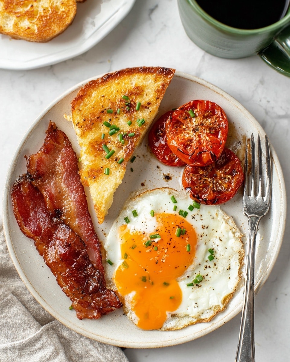 On a white plate, there is a fried egg on the right with a runny bright orange yolk spilling onto the white part, sprinkled with small green chives and black pepper. Next to the egg, in the top center, is a triangular piece of golden-brown fried bread with a toasted crust and some salt and chives on top. To the left bottom of the bread, two strips of crispy cooked bacon with a reddish-brown color lie side by side. Below the egg and to the right of the bacon, there are two halves of roasted tomatoes with a charred, wrinkled red surface and some seasoning bits visible. A fork rests on the right edge of the plate, and the whole scene sits on a white marbled surface. In the background, part of a white plate with a piece of toasted bread and a green cup of coffee are visible. Photo taken with an iphone --ar 4:5 --v 7