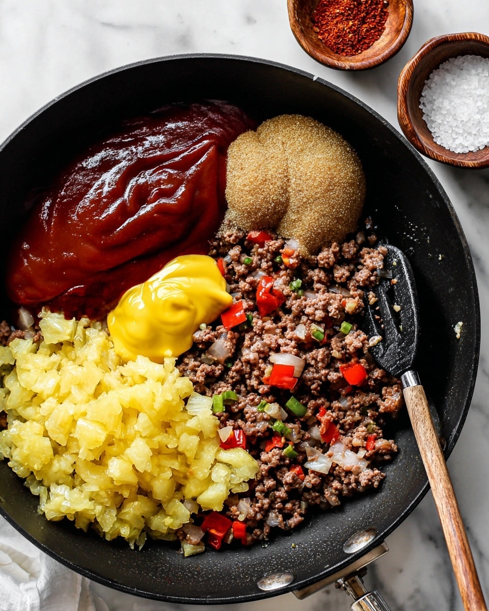 The image shows a black pan filled with several layers of food ingredients placed side by side. The base layer consists of cooked ground meat mixed with small pieces of red and green vegetables scattered throughout. At the top left, there is a thick layer of dark red sauce, smooth in texture. Next to it, on the right, two small mounds of brown sugar sit close together. Below the sugar, there is a bright yellow dollop of mustard. On the bottom left, a chunky, light yellow layer of crushed pineapple with a slightly wet texture is present. A black spoon with a wooden handle rests on the right side of the pan, partially inside. The pan is placed on a white marbled surface, with a wooden bowl of salt and a container of red spice visible near the top right corner of the image. Photo taken with an iphone --ar 4:5 --v 7