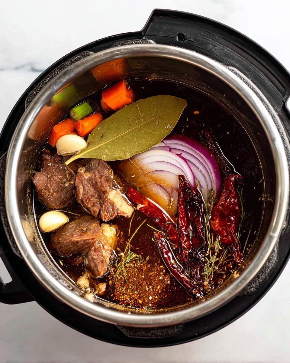 A close-up view of a stainless steel pot inside a black pressure cooker filled with several layers of ingredients submerged in dark broth. The base layer shows chunks of browned meat on the left and bottom sides, with a few whole peeled garlic cloves scattered around. On the upper left side, there are small orange carrot pieces and green celery stalks next to a large piece of red onion with thin purple and white lines. The middle is covered by a large bay leaf and several whole, dried red chili peppers with deep red-brown color and wrinkled texture. The right side of the liquid shows a thick layer of dark herbs and spices floating near the surface. The pot is placed on a white marbled surface. Photo taken with an iphone --ar 4:5 --v 7