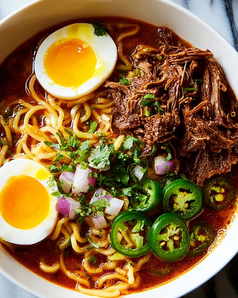 A white bowl filled with yellow noodles soaked in a reddish-brown broth. On top, there are two halves of a soft-boiled egg with bright yellow yolks and white edges, placed on the left side. To the right, there is a pile of shredded brown meat garnished with chopped green herbs. Slices of green jalapeno peppers and small pieces of red onion are scattered across the noodles and meat. The background is a white marbled surface. Photo taken with an iphone --ar 4:5 --v 7