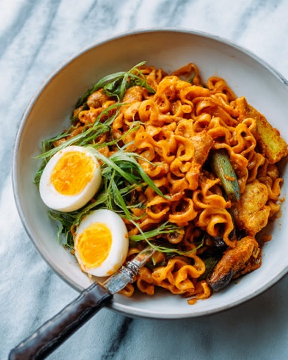 A white bowl filled with curled, orange noodles and pieces of cooked food, topped with bright green herbs and next to two halves of a boiled egg with bright yellow yolks, placed on a white marbled surface with a dark handle on the bowl. Photo taken with an iphone --ar 4:5 --v 7