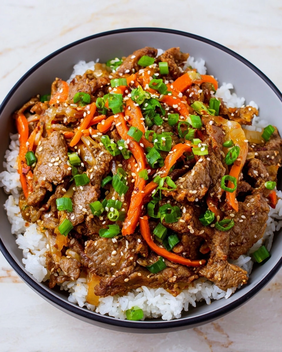 A white bowl holds a dish with two clear layers: the bottom layer is fluffy white rice, and the top layer is cooked thin brown meat mixed with orange carrot strips and light brown onion slices. The meat looks tender and is scattered with small white sesame seeds. Green chopped spring onions are sprinkled over the top, adding a fresh pop of color. The bowl sits on a white marbled surface. photo taken with an iphone --ar 4:5 --v 7
