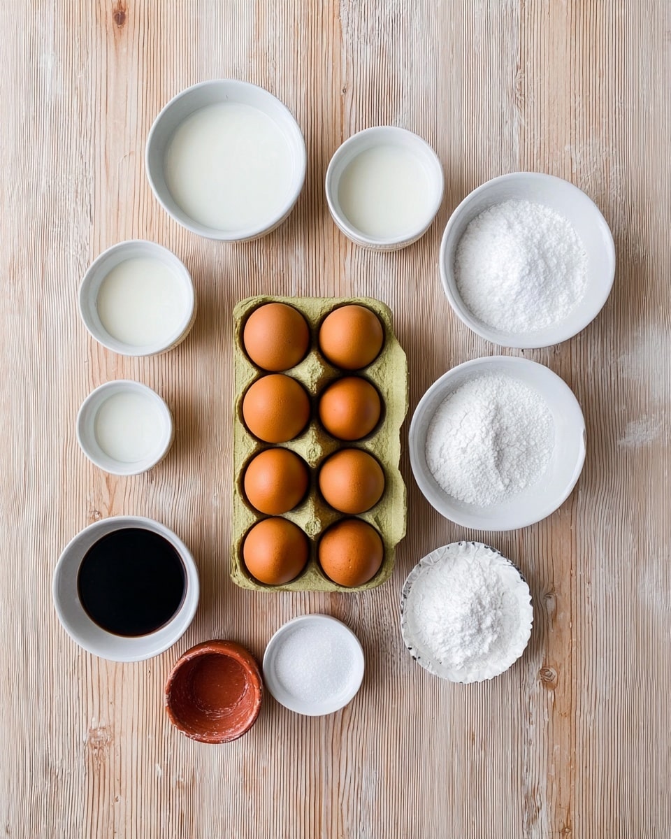 The image shows a top view of a wooden table with ten items laid out neatly. In the center, there is an open egg carton holding six brown eggs, arranged in two columns of three. Surrounding the eggs are nine small white bowls, each containing different ingredients: two bowls with white powdery substances on the right side, and one bowl with a white granular substance above the eggs. Two more white bowls with white liquids or powders are placed on the left and below the eggs. One small white bowl at the bottom left contains a dark liquid. There is also a small reddish bowl with a white powder to the bottom right, and a tiny white bowl with a white powder near the middle bottom. The table surface is light wood with visible wood grain lines. photo taken with an iphone --ar 4:5 --v 7