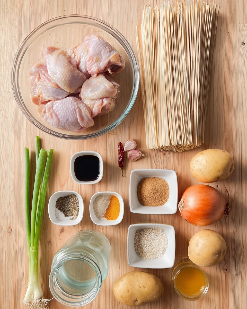 The image shows an arrangement of raw cooking ingredients placed on a light wood surface. In the center, a round clear glass bowl holds several pieces of raw chicken with pink skin. Above it, there is a neat bundle of beige, uncooked thin noodles. Surrounding them are small white square and round dishes with various ingredients: light brown powder, a dark thick sauce, a golden liquid, coarse beige flakes, black pepper and salt mix, and white sesame seeds. On the left, two green spring onions lie flat. At the bottom right, two light brown potatoes, a whole onion with light yellow skin, and an orange carrot are placed nearby. There is also a glass jar filled with clear water, several garlic cloves, and a dried red chili pepper scattered around. The whole scene is on a light wood surface with no extra decoration. Photo taken with an iphone --ar 4:5 --v 7