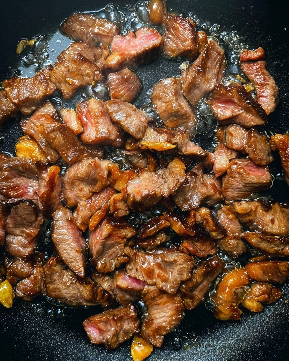 This image shows many thin slices of meat frying in a black pan. The meat pieces have a mix of colors with some parts light pink, indicating raw or less cooked areas, while other parts are brown, showing they are cooked. The meat looks moist and shiny with oil that bubbles slightly around the edges. The pan has a smooth black surface with small droplets of oil scattered on it. Photo taken with an iphone --ar 4:5 --v 7