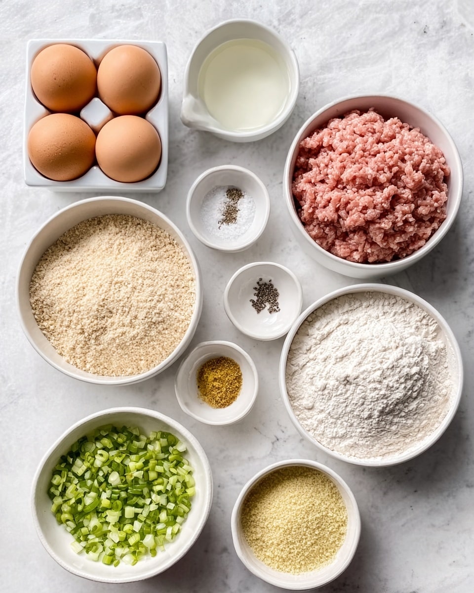 The image shows a white marbled surface with eight brown eggs in a white container on the left side, a small white bowl with clear liquid above it, and a small white bowl with salt and pepper in the middle. To the right, there is a white bowl filled with raw ground meat. Below these, there is a large white bowl with beige breadcrumbs in the center, a smaller white bowl of chopped green onions on the left, and a small white bowl with a yellow spice mixture on the bottom. On the right, there is a large white bowl with white flour. Photo taken with an iphone --ar 4:5 --v 7