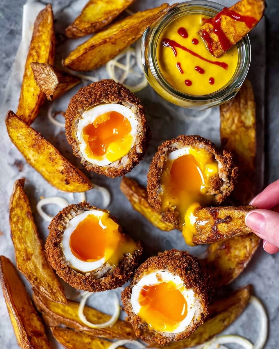 The image shows four cooked Scotch eggs, each sliced in half to reveal a soft orange yolk inside a layer of white egg, all wrapped in a rough-textured brown crispy coating. They are placed on a white marbled surface scattered with thick golden-brown potato wedges that have a slight crisp and seasoning. Thin pale rings of raw onion are sprinkled between the wedges, adding contrast. A clear glass jar filled with bright yellow mustard sauce topped with a drizzle of red sauce is positioned on the right side, with one potato wedge dipped in it, held by a woman's hand. The colors are warm and inviting with a mix of brown, orange, white, and yellow. Photo taken with an iphone --ar 4:5 --v 7