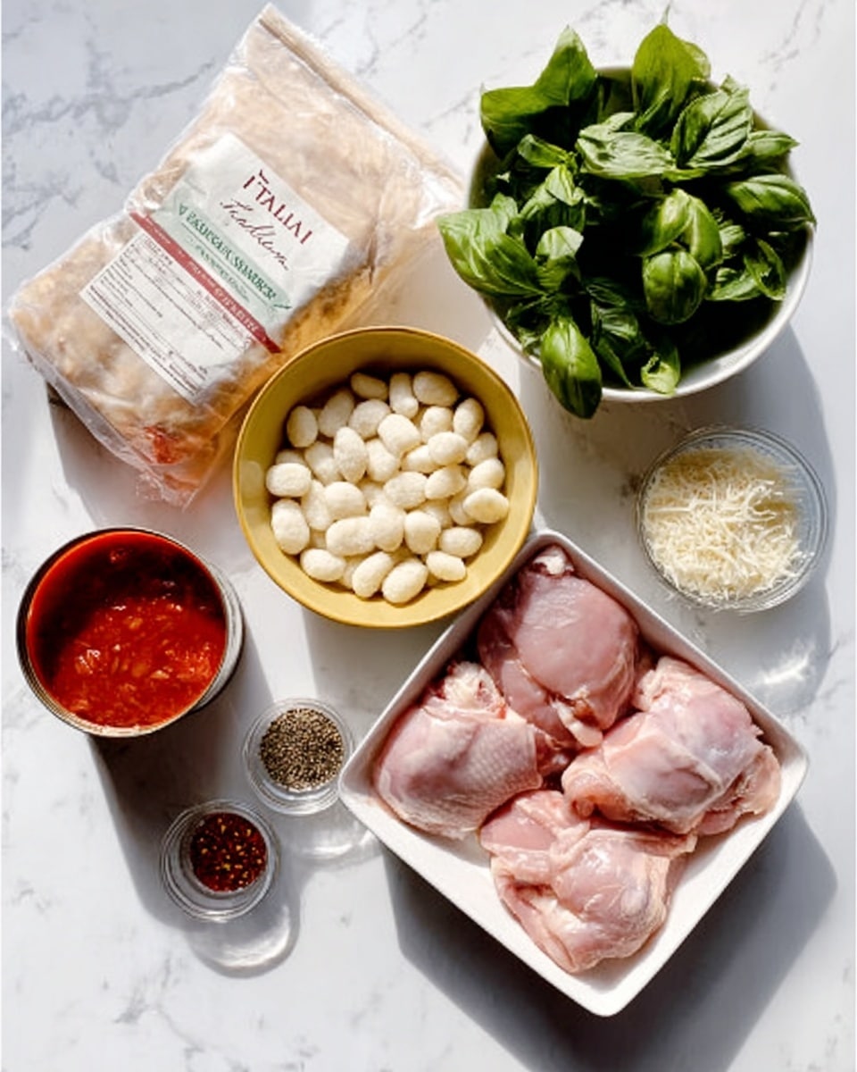The image shows ingredients for cooking laid out on a white marbled surface. There is a white bowl full of fresh green basil leaves in the top right corner. Below it, a white square dish holds four pieces of raw pink chicken thighs. Next to this dish, there is a yellow bowl filled with white grated cheese. Above the cheese bowl, a clear plastic bag contains small white gnocchi pieces. To the left of the gnocchi, there is a beige paper packet labeled “Italian seasoning.” Around these, there are small containers with black pepper, red chili flakes, and a can of red tomato sauce with its lid removed, showing the sauce inside. The scene is bright with natural light. Photo taken with an iphone --ar 4:5 --v 7