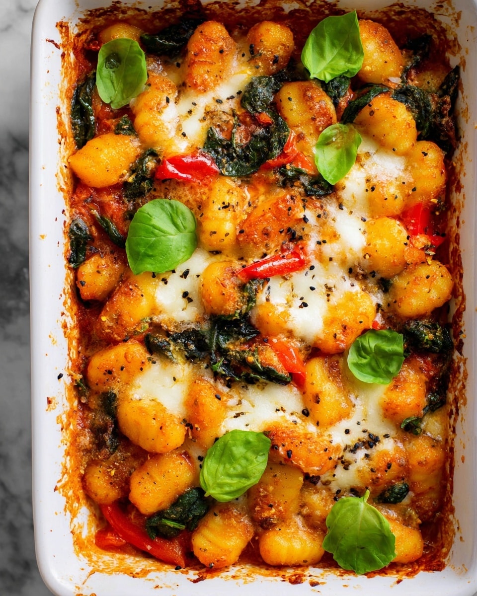 The image shows a white rectangular baking dish filled with layers of golden-yellow gnocchi coated in a red tomato sauce, mixed with wilted dark green spinach leaves and thin red bell pepper strips. On top, patches of melted white cheese cover some of the gnocchi, sprinkled lightly with black pepper. Bright green fresh basil leaves are scattered across the surface, adding a fresh touch to the dish. The edges of the baking dish are slightly messy with sauce, and the dish rests on a white marbled surface. photo taken with an iphone --ar 4:5 --v 7