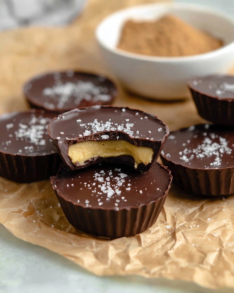 The image shows several small round chocolate cups placed on a crinkled light brown parchment paper with a white marbled background. Each cup has two main layers: a dark smooth chocolate shell on the outside and top, and a thick, light creamy yellow filling inside, visible in one cup that is stacked with a bite taken out of the top layer. The tops of the chocolate cups are sprinkled with coarse sea salt, adding texture and contrast with the smooth dark chocolate surface. In the background, out of focus, is a white bowl with a brown powder inside. The scene is softly lit, highlighting the shiny texture of the chocolate. photo taken with an iphone --ar 4:5 --v 7