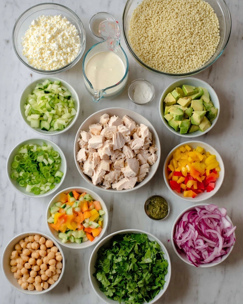 The image shows a collection of small white bowls arranged on a white marbled surface, each filled with different ingredients. Starting from the top are pearl couscous in a large glass bowl, next to a glass measuring cup with a white creamy sauce, and a small bowl with white crumbled cheese. Below, a white bowl contains cubed cooked chicken, surrounded by smaller bowls holding chopped green onions, diced orange and yellow bell peppers, chopped avocado in a white bowl, diced cucumber in another white bowl, cooked chickpeas in a white bowl, chopped fresh green herbs in a white bowl, and pickled red onions in a small white bowl. All the ingredients are fresh and colorful, beautifully presented. Photo taken with an iphone --ar 4:5 --v 7