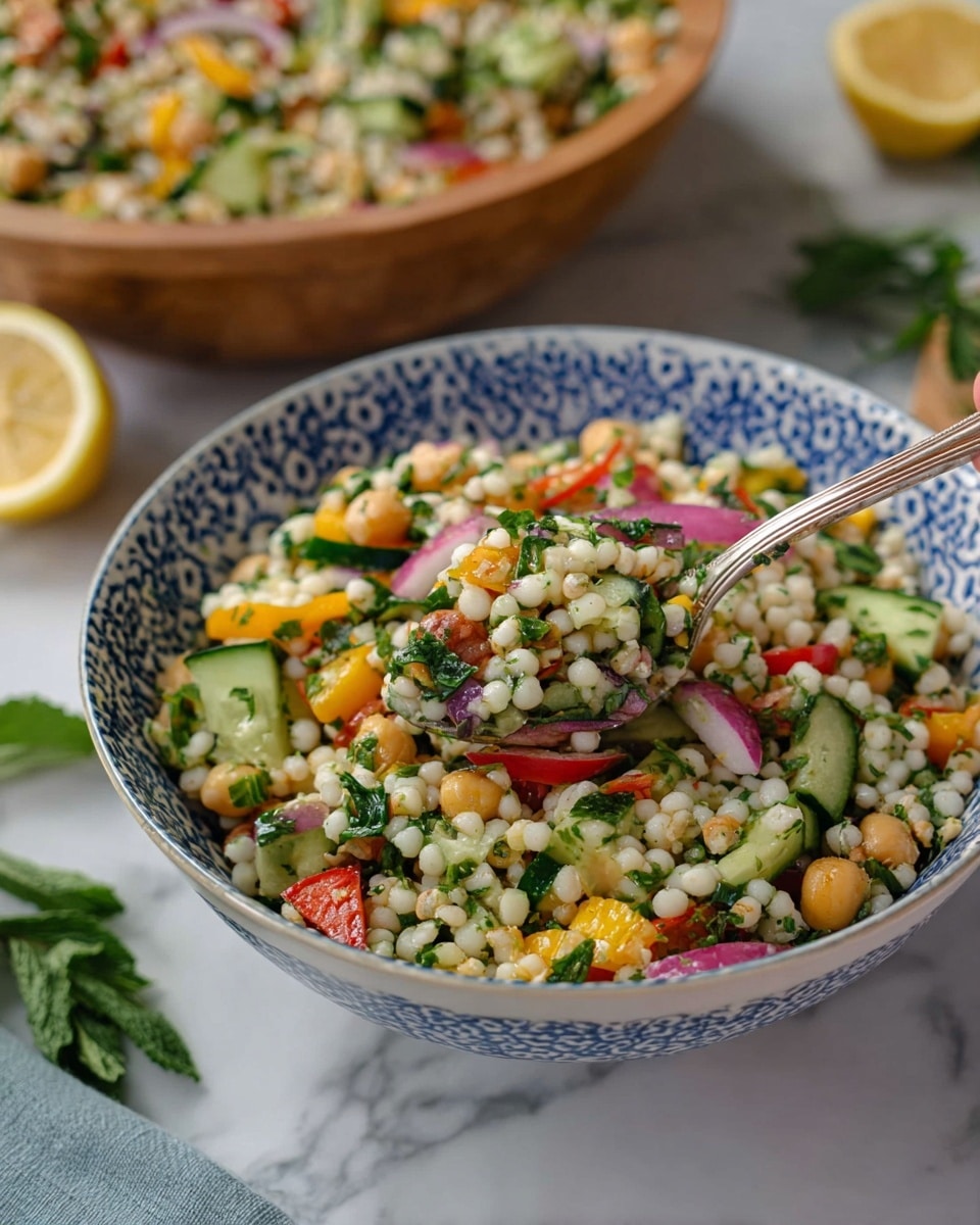 A white bowl with blue decorative patterns holds a colorful salad made of small white pearl couscous mixed with chopped green leafy herbs, red and yellow bell pepper pieces, sliced pickled red onions, light green cucumber chunks, and chickpeas. The salad has a fresh and mixed texture with visible bits of herbs and vegetables throughout. A hand holds a silver fork scooping some salad from the bowl. In the background on a white marbled surface, a wooden bowl filled with the same salad is slightly out of focus, with fresh green herbs and a cut lemon half placed nearby. Photo taken with an iphone --ar 4:5 --v 7