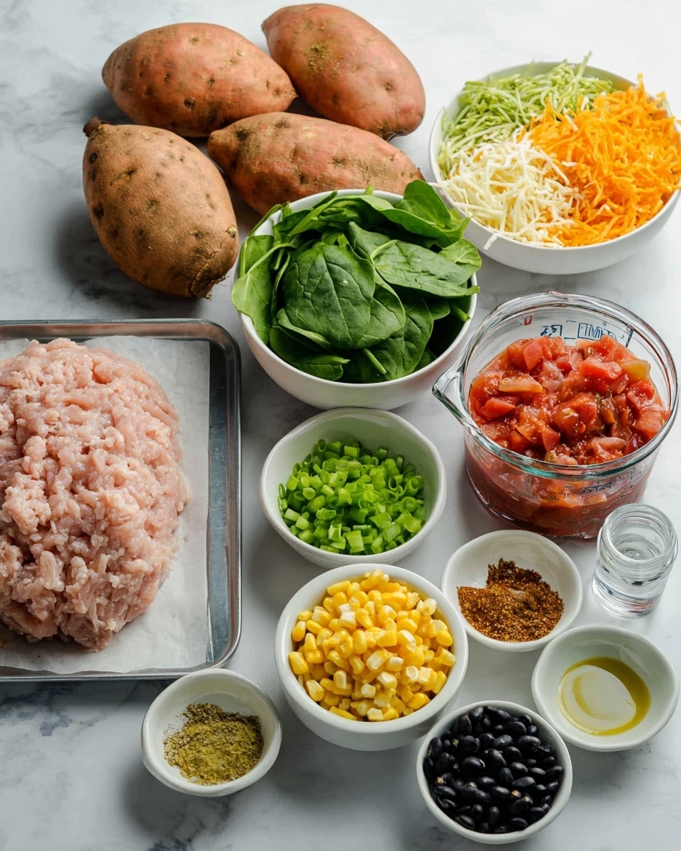 The image shows a collection of fresh ingredients arranged on a white marbled surface. In the back left are four sweet potatoes with rough orange skin. To their right is a white bowl filled with a mix of shredded orange and white cheese. In front of the cheese is a bowl of green spinach leaves. Beside the spinach is a small bowl of chopped green onions, and next to that is a clear measuring cup filled with chunky red tomatoes. On the left side of the image, a tray holds a large piece of raw ground turkey with a pale pink color. There are also several small white bowls in the middle filled with yellow corn kernels, grated zucchini, mixed spices, and olive oil. A small bowl with black beans completes the set. The ingredients are spaced neatly, ready to be used in cooking. Photo taken with an iphone --ar 4:5 --v 7