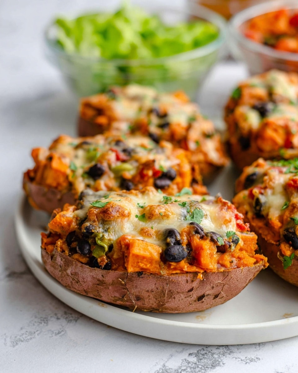 Four stuffed sweet potato halves sit on a white plate over a white marbled surface. Each potato is a dark orange skin boat filled with a chunky mixture of soft bright orange sweet potato, black beans, green herbs, and small pieces of red bell pepper. The filling is topped with melted golden and white cheese that looks bubbly and slightly browned. In the background, two blurred clear bowls hold leafy green lettuce and another reddish dish. The image focuses on the front potato, showing the warm, textured layers clearly. Photo taken with an iphone --ar 4:5 --v 7