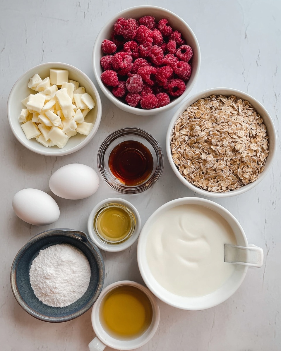 Several small white bowls are arranged neatly on a white marbled surface. One bowl has finely chopped white chocolate pieces, another contains frozen red raspberries with a frosty texture. There's a bowl with whole wheat shredded cereal, a dark bowl filled with thick white cream, and a clear measuring cup holding a small amount of milk. Additional tiny bowls contain honey with a golden shine, vanilla extract with a dark brown color, and light olive oil. Two white eggs sit next to a small dish with white baking powder or baking soda. The items are clean and ready for baking. Photo taken with an iphone --ar 4:5 --v 7