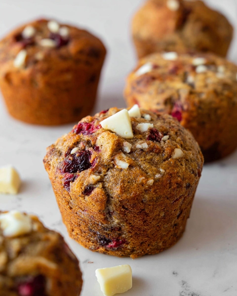 The image shows several golden-brown muffins with a rough, slightly cracked top that reveals bits of red berries inside. The muffins have a textured surface with small chunks of white chocolate scattered on and around them. They are placed directly on a white marbled surface, and the focus is mainly on the front muffin, with others out of focus in the background. The muffins look moist and dense with uneven tops showing the mixed fruit and chocolate pieces inside. Photo taken with an iphone --ar 4:5 --v 7