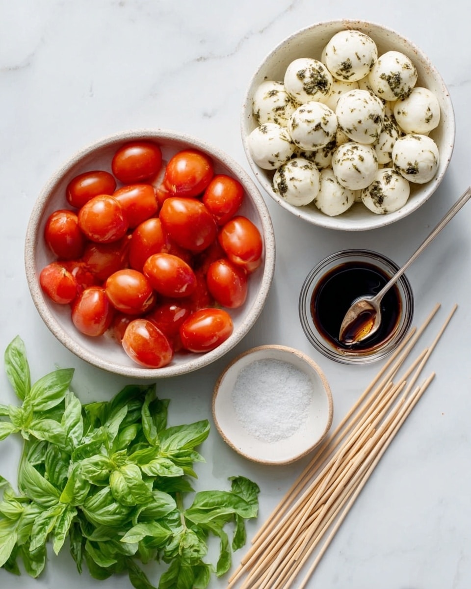 The image shows a white bowl filled with round white mozzarella balls with dark green herb bits on top, placed on a white marbled surface. Next to it, a white bowl is full of bright red grape tomatoes. Fresh green basil leaves lie beside the bowls, with a small white bowl holding coarse salt nearby. Thin wooden sticks are spread across the surface, and a small clear bowl contains dark balsamic vinegar with a small spoon resting inside. The scene is bright and clean, with fresh ingredients arranged neatly. Photo taken with an iphone --ar 4:5 --v 7