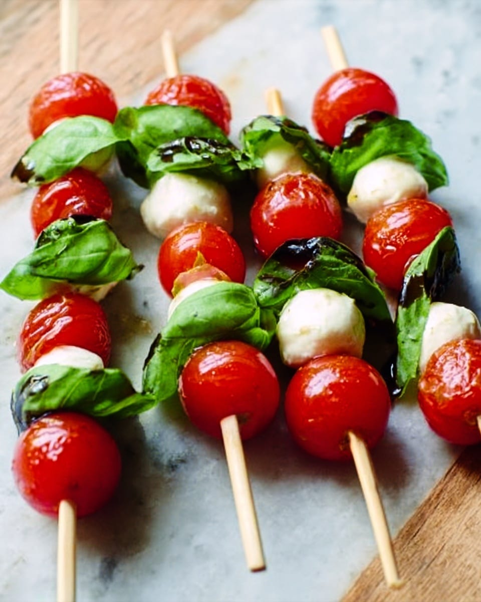 The image shows several skewers placed on a white marbled surface, each skewer holding three layers: bright red cherry tomatoes at the bottom and top, soft white round cheese balls in the middle, and dark green fresh basil leaves tucked between the cheese and tomatoes. The colors contrast well, with the shiny red tomatoes, the smooth white cheese, and the leafy texture of basil. The skewers are wooden and arranged closely together, giving a fresh and colorful look. Photo taken with an iphone --ar 4:5 --v 7