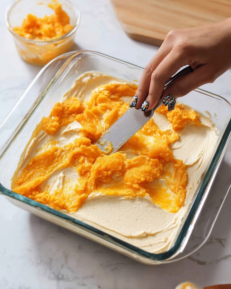 A clear glass square baking dish is placed on a white marbled surface, containing two visible layers. The bottom layer is a smooth, creamy white spread that covers the entire base uniformly. On top, there is a bright orange chunky spread being applied unevenly; the texture looks thick with small chunks, and a woman's hand with decorated nails uses a butter knife to spread it. In the background, there is a small glass container with the same orange chunky mixture. Photo taken with an iphone --ar 4:5 --v 7