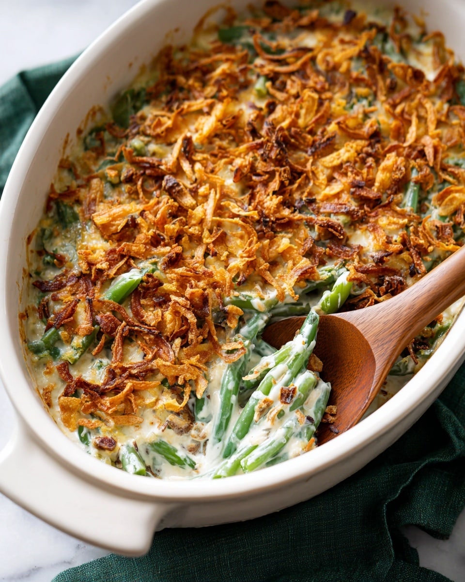 This image shows a white oval baking dish filled with a green bean casserole. The bottom layer consists of creamy white sauce mixed with bright green beans, adding a fresh contrast. The top layer features a generous amount of golden brown, crispy fried onions spread unevenly, giving a crunchy texture and rich color. A wooden spoon rests partially submerged on the right side, mixing the casserole. The dish is set on a white marbled surface with a dark green cloth beside it. Photo taken with an iphone --ar 4:5 --v 7