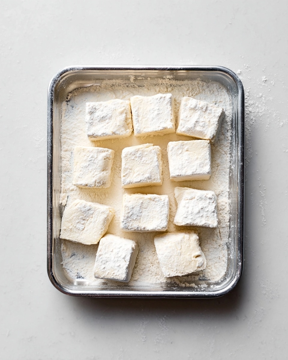A rectangular metal tray holds twelve square pieces of pale dough, each dusted with white flour. The dough squares are unevenly spaced, with some leaning against others, and there is flour spread across the tray, creating a powdery white layer that contrasts with the metal's shiny surface. The tray is placed on a white marbled texture surface, giving the whole scene a clean and simple kitchen look. photo taken with an iphone --ar 4:5 --v 7