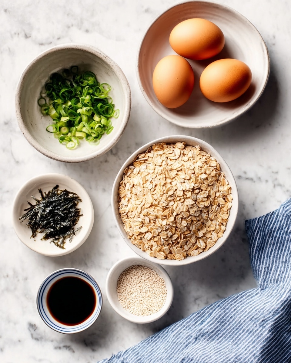 The image shows five white bowls arranged on a white marbled surface. At the center, a large bowl filled with light brown oats. To the right, a bowl with three brown eggs. Above, a bowl with chopped green onions. To the left, a bowl containing thin dried seaweed strips, and below it, a small bowl with white and black sesame seeds. At the bottom left, a small bowl with dark soy sauce. A blue and white striped cloth is placed near the bottom right corner. A woman's hand is not visible in the image. Photo taken with an iphone --ar 4:5 --v 7