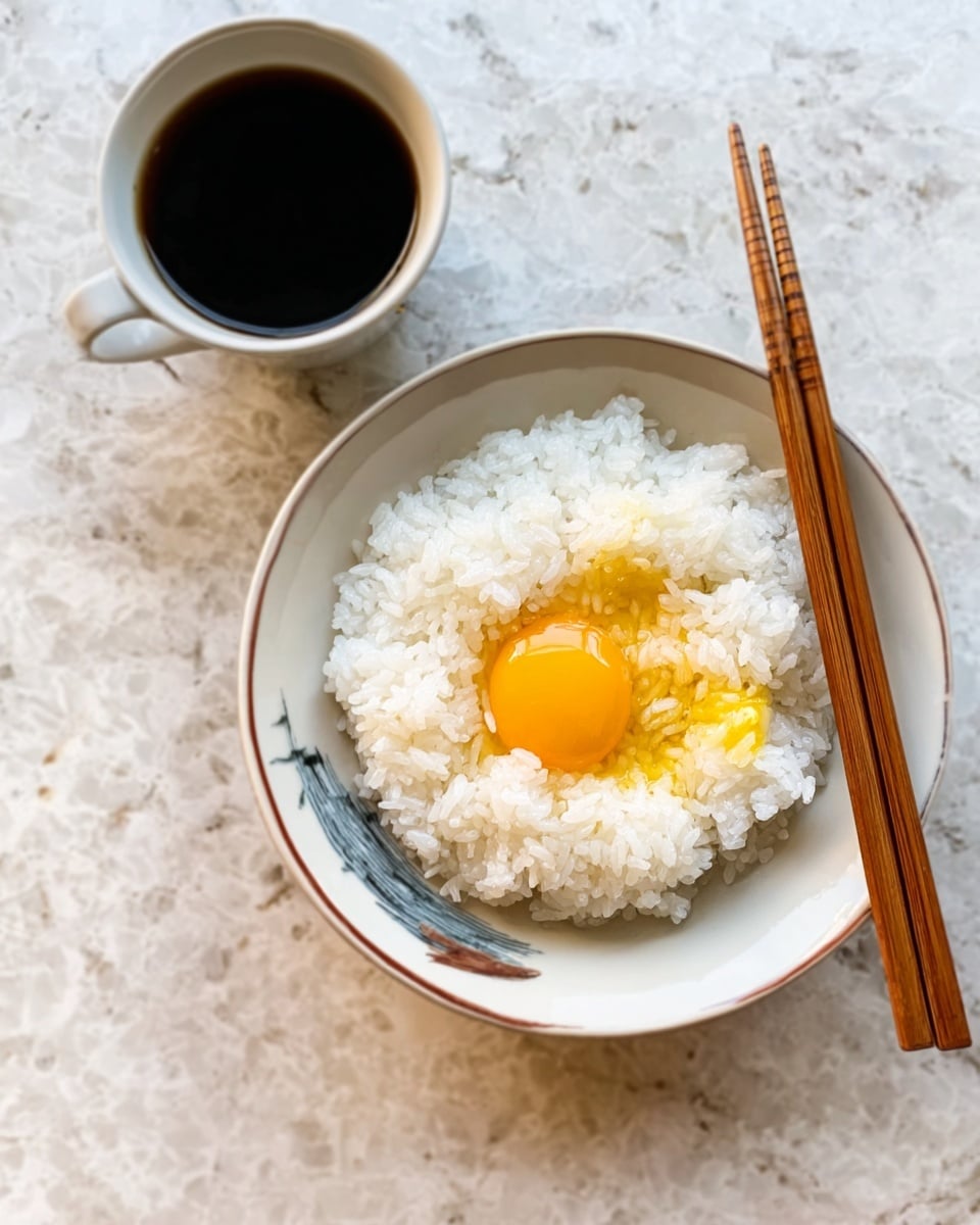 A close-up of a white bowl filled with sticky, cooked rice with a light brown color, topped with a bright yellow raw egg yolk placed in the center. Around the yolk, there is a ring of chopped green onions adding a fresh green color contrast. A pair of wooden chopsticks held by a woman's hand gently holds the egg yolk from the side, ready to mix it into the rice. The scene is set on a white marbled surface. photo taken with an iphone --ar 4:5 --v 7