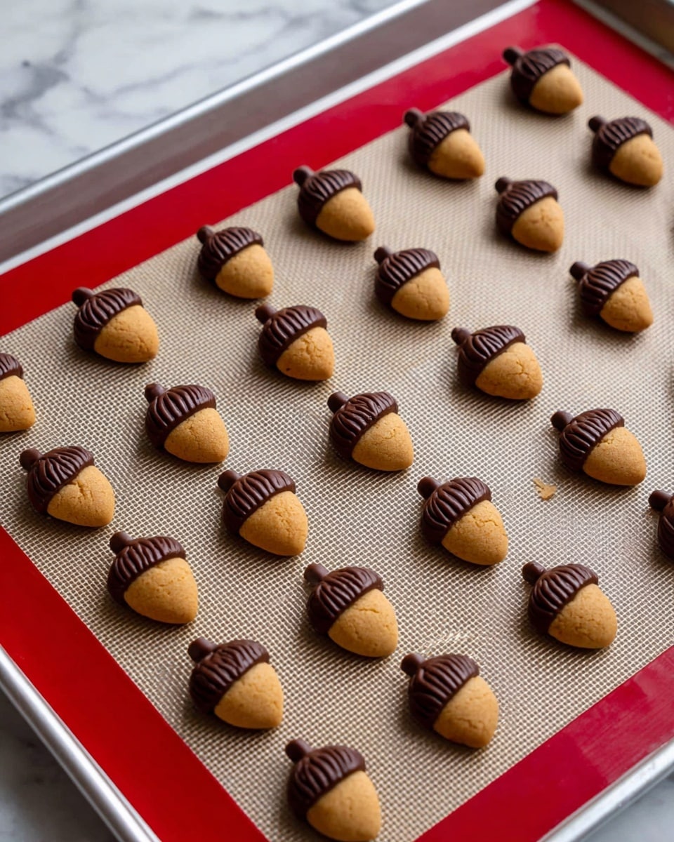 The image shows a silver baking tray with a red-bordered silicone mat on a white marbled surface. On the mat are 24 small acorn-shaped cookies arranged in five diagonal rows, each cookie having two layers: a light brown bottom part shaped like an acorn seed with a smooth texture, and a dark brown top part resembling an acorn cap with detailed grooves and a small stem on top. The cookies are evenly spaced, and no woman's hand is visible. Photo taken with an iphone --ar 4:5 --v 7
