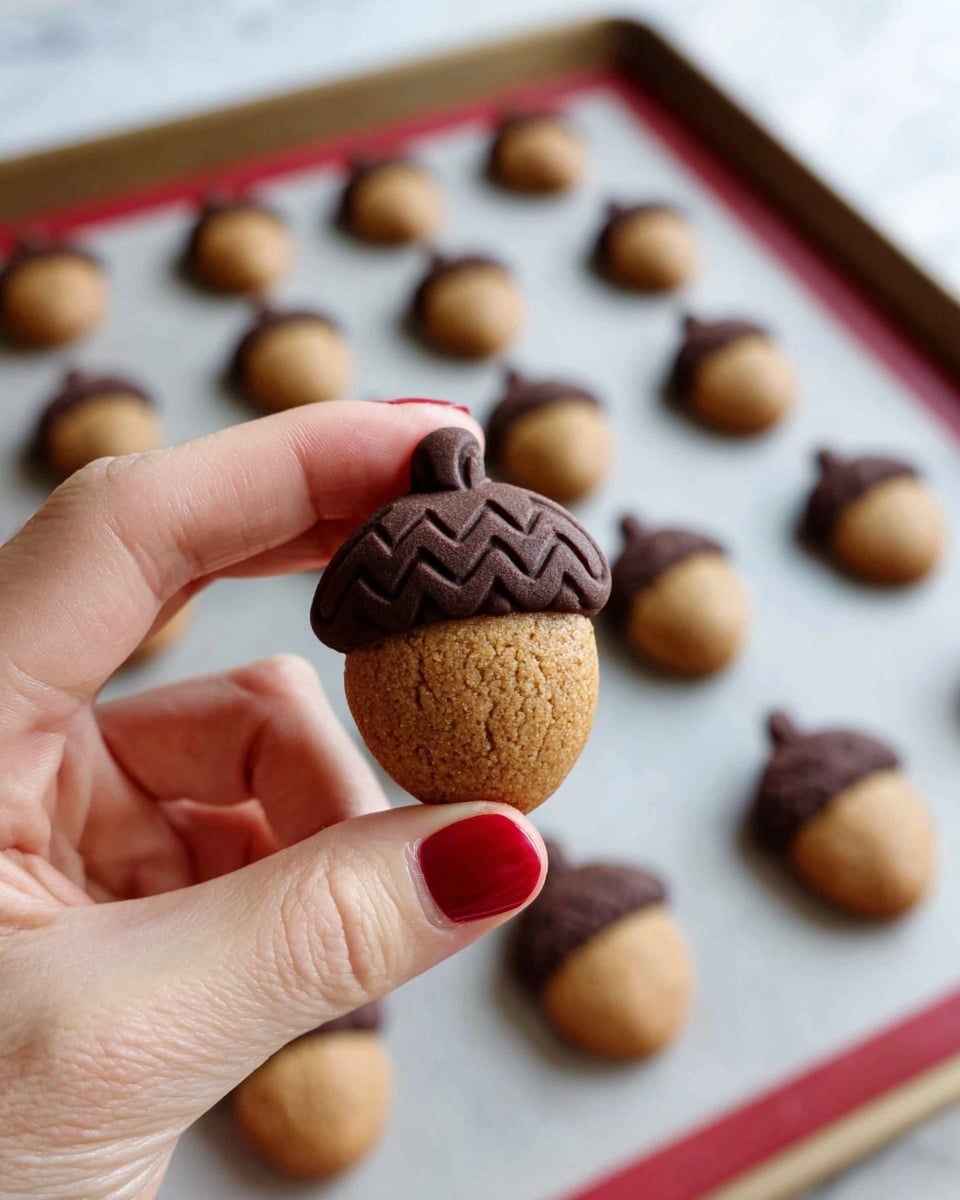 A close-up of a woman's hand with red nail polish holding a small acorn-shaped cookie. The cookie has two layers: a light brown bottom part with a rough texture resembling an acorn body, and a dark brown top part shaped like an acorn cap with a pattern of curved scales and a small knob on top. In the background, there is a baking tray lined with a white silicone mat with many more acorn cookies arranged in neat rows on a white marbled surface. photo taken with an iphone --ar 4:5 --v 7