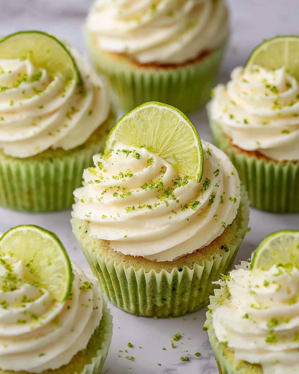 A close-up view of several cupcakes arranged on a white marbled surface, each cupcake having three layers: a bottom green cake layer with a soft texture, a middle layer of thick white frosting swirled on top, and a garnish layer featuring a thin slice of lime and tiny bright green lime zest sprinkled lightly over the frosting and cupcakes. The frosting looks creamy and smooth, forming gentle peaks that hold the lime slice well, with the green cupcake liner visible around the bottom layer. Photo taken with an iphone --ar 4:5 --v 7