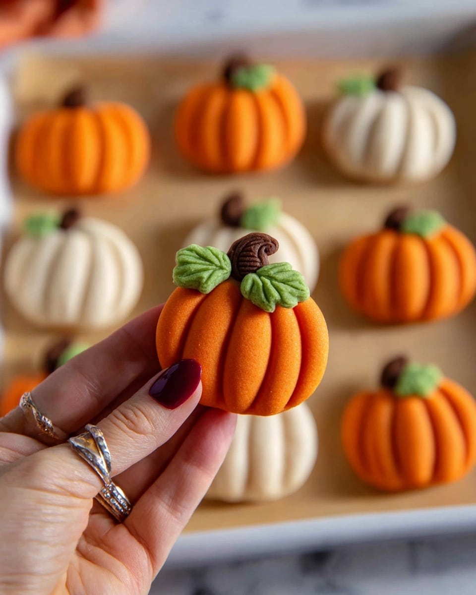 A close-up of a small pumpkin-shaped cookie held by a woman's hand with maroon nail polish and silver rings shows an orange base with carved grooves and a small textured dark brown stem on top, accented with two bright green leaves near the stem; in the background, a white baking tray lined with beige parchment paper holds more pumpkin cookies, some orange and some white with identical carved grooves and green leaves, all arranged neatly on a white marbled surface. photo taken with an iphone --ar 4:5 --v 7