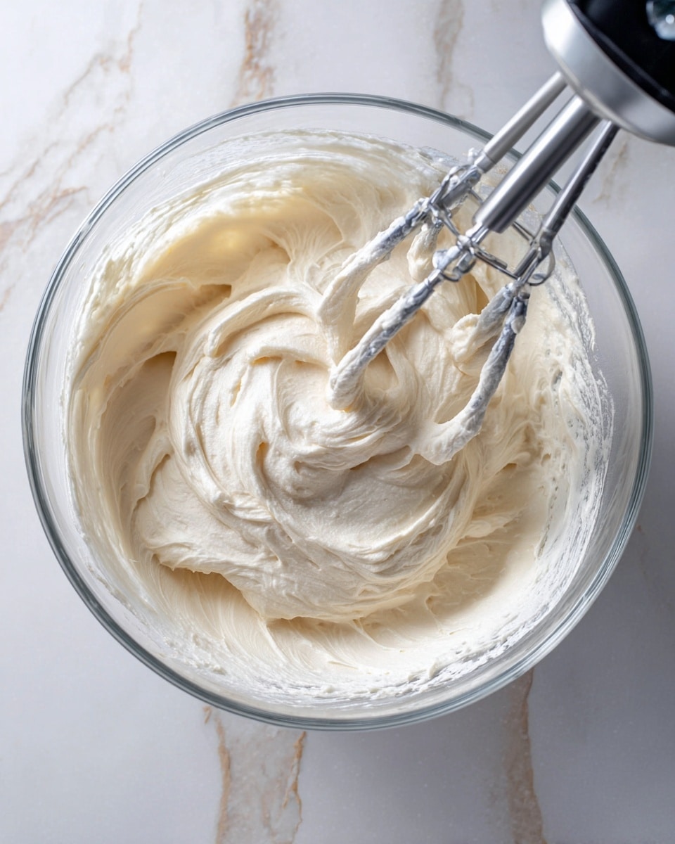 A clear glass bowl sits on a white marbled surface, filled with creamy, pale off-white frosting that looks thick and smooth with soft peaks and swirls made by the mixer. Two metallic beaters from an electric mixer are partially submerged in the frosting, with fine textures clinging to the beaters' curves. The background shows more of the white marbled surface with subtle gray and beige veins, creating a clean and simple setting. photo taken with an iphone --ar 4:5 --v 7