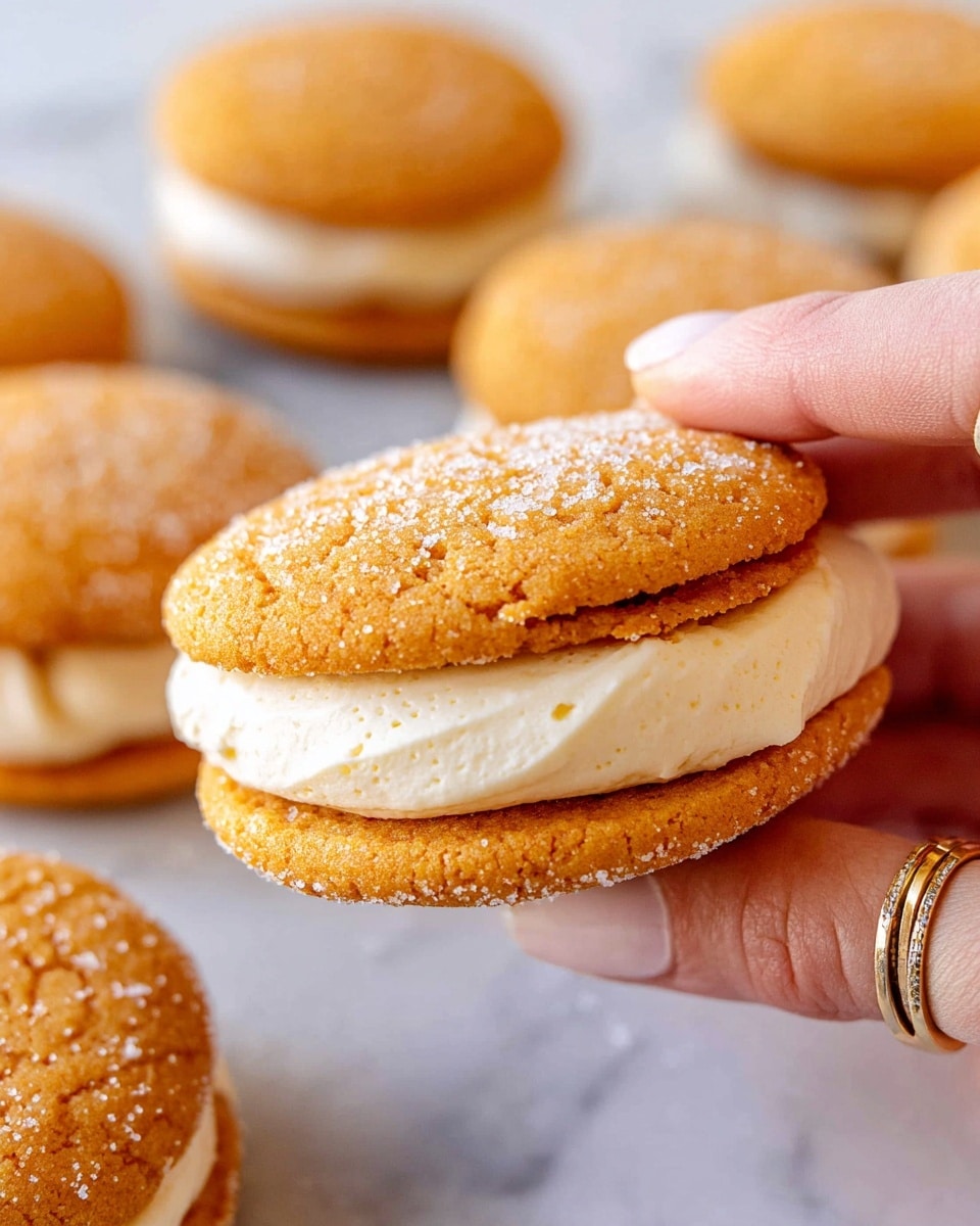 The image shows a close-up of a golden cookie sandwich held by a woman's hand with rings on the fingers. The sandwich has two round, textured, warm orange cookies with a light sprinkling of sugar on top. Between the cookies, there is a thick layer of creamy white filling with small vanilla specks, smooth and slightly domed. In the background, more cookie sandwiches are arranged on a white marbled surface, slightly out of focus. The scene is bright and clear, highlighting the fine sugar crystals and soft filling texture. Photo taken with an iphone --ar 4:5 --v 7
