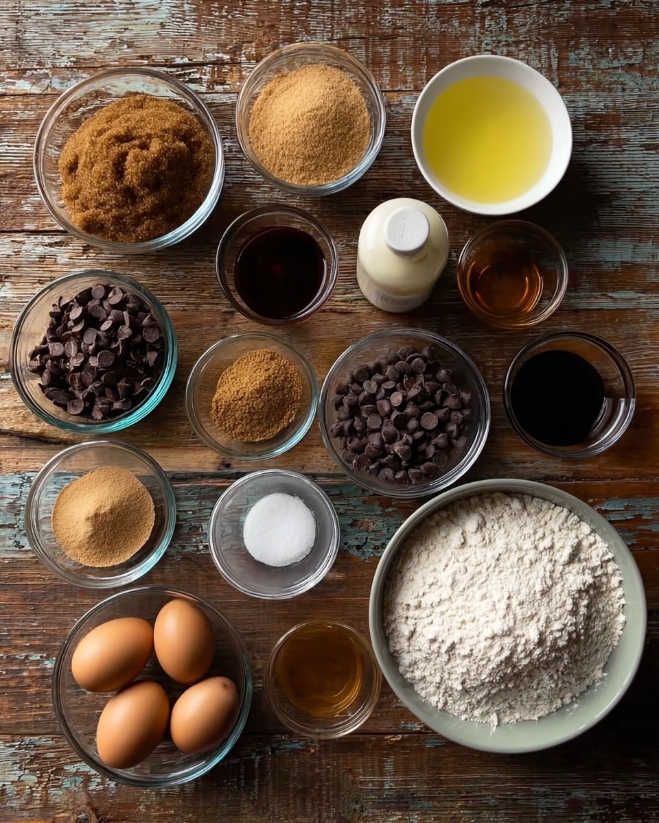 The image shows a wooden table with various clear glass bowls and one white bowl holding different baking ingredients arranged neatly in rows. From left to right and top to bottom, there are three bowls of brown sugar with different shades and textures. A white bowl with a yellow liquid is in the top row, next to a small bottle with a white cap. In the middle row, there is a dark brown liquid, a light brown powder, dark chocolate chips, a small bowl of honey, and a tiny bowl of salt. Below, there is a bowl with four brown eggs, plain white salt in a small bowl, a beige powder, a dark brown liquid in a bowl, and on the far right, a white bowl filled with white flour sits on the wooden table. The surface is a rustic wood texture with some cracks and marks. photo taken with an iphone --ar 4:5 --v 7
