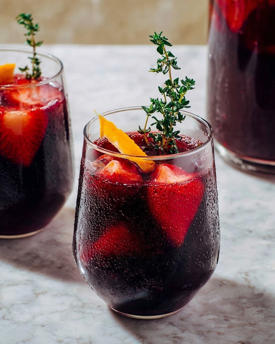 In this image, there are two clear glasses filled with a dark red drink. Each glass contains visible ice cubes and slices of deep red strawberries. On top of the drink in the front glass, there is a small orange peel and a sprig of fresh green thyme standing upright. The glasses have droplets of water on the outside, showing they are cold. The background and surface show a white marbled texture, and a tall clear container with the same dark red drink is partly visible on the right side. photo taken with an iphone --ar 4:5 --v 7