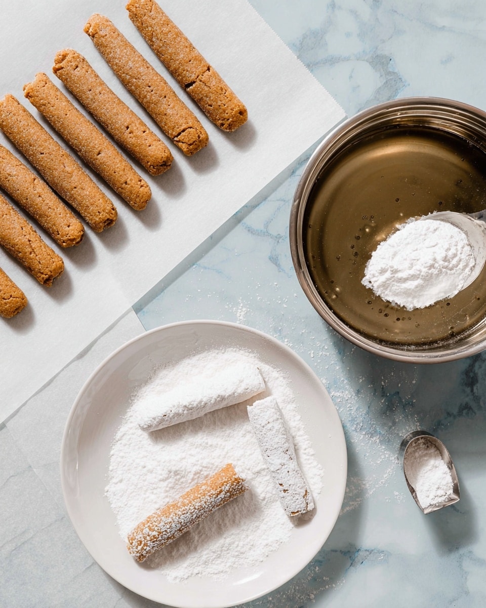 On a white marbled surface, there are rows of light brown dough logs lined up on white parchment paper on the left side. To the right, a white bowl filled with white powdered sugar has one dough log covered in the powder resting inside. Next to it, a stainless steel pan with clear liquid contains one dough log being soaked. Nearby, on the surface, two dough logs rest on white parchment paper, one covered in powdered sugar and the other plain. The overall scene shows a process of preparing and coating the dough logs in sugar and liquid. photo taken with an iphone --ar 4:5 --v 7