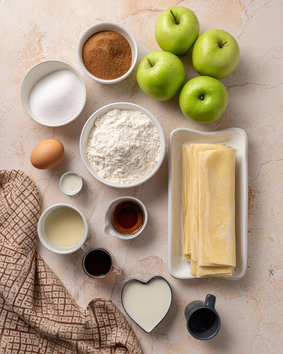 The image shows a top-down view of baking ingredients neatly arranged on a light beige surface with a white marbled texture. Three green apples sit in the upper center, bright and shiny. To the left, three white bowls hold brown sugar, flour, and powdered sugar from top to bottom. Below the flour bowl is a single white egg. On the right side, two sheets of pale yellow puff pastry rest on a white tray with a heart-shaped cutout. Small metal and black cups containing milk, vanilla extract, cinnamon, salt, and maple syrup are spread around the trays and bowls. A beige cloth with a brown diamond pattern is partially visible in the lower-left corner. Photo taken with an iphone --ar 4:5 --v 7