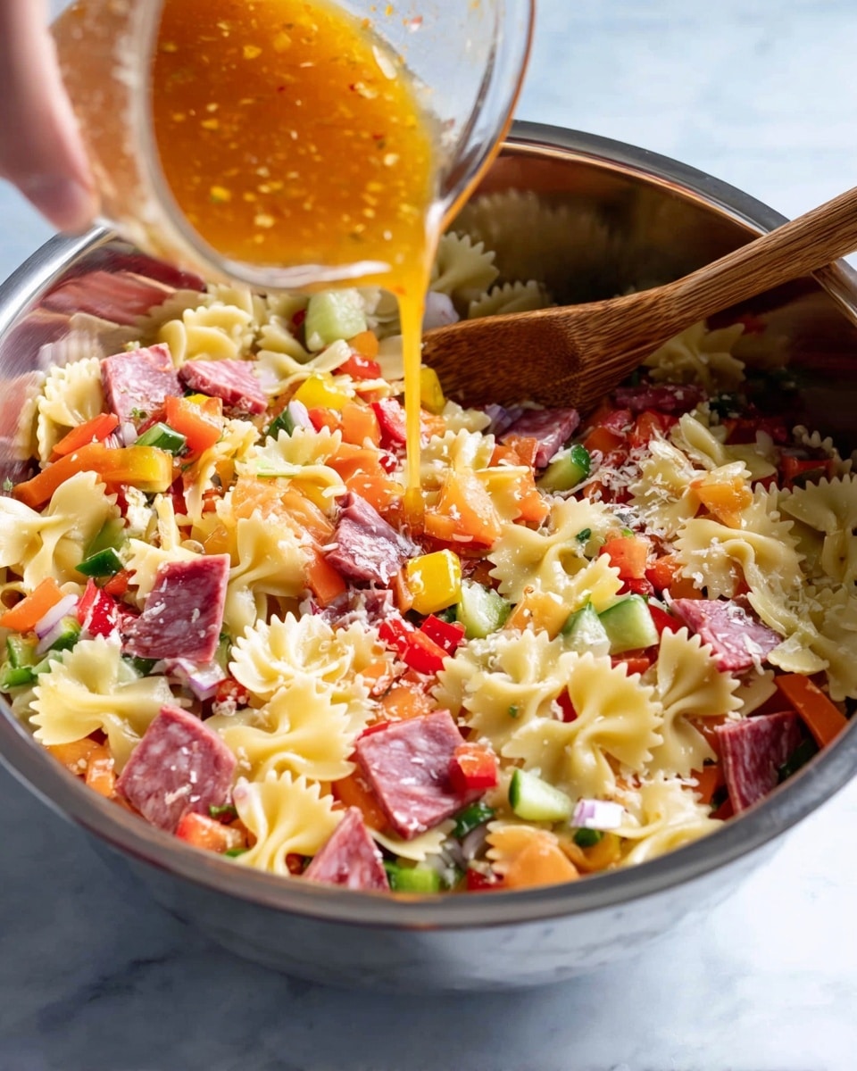A large silver mixing bowl holds a colorful pasta salad with layers of cream-colored bow tie pasta, thin strips of dark pink salami, small cubes of orange and white cheese, and finely chopped green and red bell peppers. A woman's hand is pouring an orange vinaigrette dressing from a small glass bowl onto the salad, causing the ingredients to glisten. A wooden spoon stands inside the bowl, partially covered by the salad. The bowl is set on a white marbled surface. photo taken with an iphone --ar 4:5 --v 7
