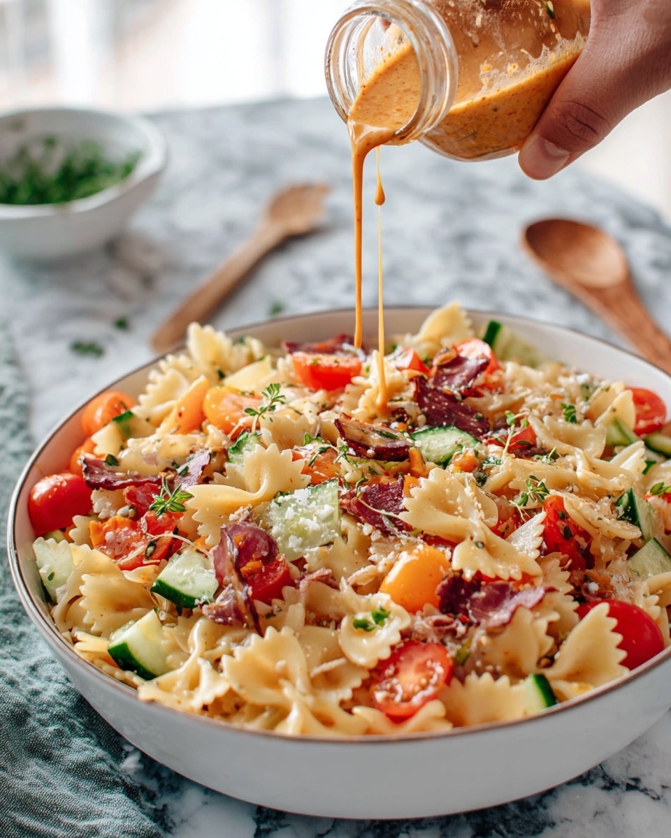 A large white bowl filled with three layers of food: the bottom layer is pale yellow farfalle pasta, scattered with small cubes of pale orange cheese and green cucumber pieces, the middle layer has thin, dark red slices of meat and halved bright red cherry tomatoes, and the top layer is garnished with small green herb leaves. A woman's hand pours an orange, slightly chunky dressing from a small clear glass bottle over the dish, with some dressing dripping down. In the blurry background, there is a white bowl with green herbs on a white marbled surface and a wooden spoon next to the bowl. Photo taken with an iphone --ar 4:5 --v 7