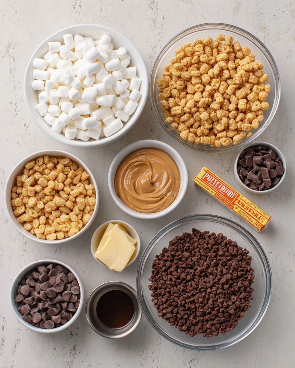 Several bowls and a butter stick are arranged on a white marbled surface. There is a large white bowl filled with small white marshmallows at the bottom left, a large silver bowl with small round cereal puffs that are golden in color at the top left, and a large clear glass bowl filled with chocolate-coated crispy rice cereal at the bottom right. Above the cereal puff bowl, there is a white bowl with mini peanut butter cups, a white bowl with creamy peanut butter next to a small metal cup of dark liquid, a white bowl of butterscotch chips, and a white bowl with dark chocolate chips. A stick of unsalted butter with orange text lies near the peanut butter bowl. photo taken with an iphone --ar 4:5 --v 7