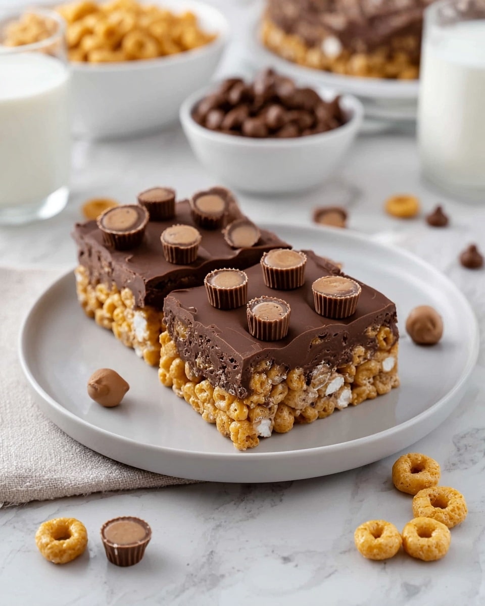 The image shows two square dessert bars on a white plate, each bar has a base layer made of light golden cereal pieces mixed with white mini marshmallows and bits of chocolate cereal. On top, there is a smooth dark brown chocolate layer spread evenly, decorated with small chocolate peanut butter cup candies placed in a scattered pattern. Around the plate, some round light brown cereal pieces are scattered, and in the background, there are white bowls filled with cereal and chocolate pieces along with a glass of milk, all set on a white marbled surface. photo taken with an iphone --ar 4:5 --v 7