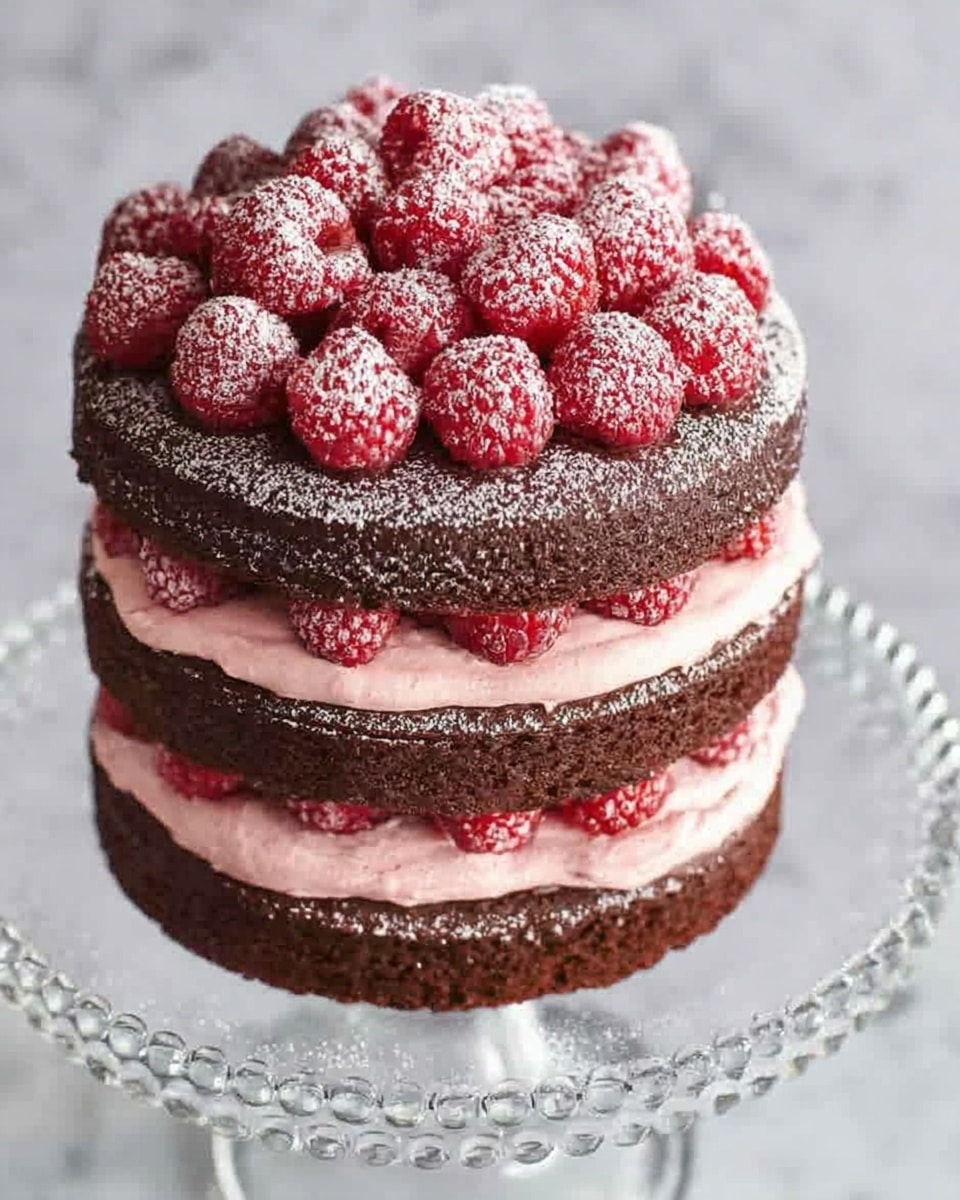 A tall, four-layer chocolate cake stands on a clear glass cake stand with small dot details. Each chocolate cake layer is dark brown and looks soft. Between each cake layer is a thick, smooth, light pink frosting, with the same frosting spread thick on the top layer. On top of the cake, there is a pile of fresh red raspberries, dusted evenly with white powdered sugar. The background and surface beneath the cake are white marble. Photo taken with an iphone --ar 4:5 --v 7
