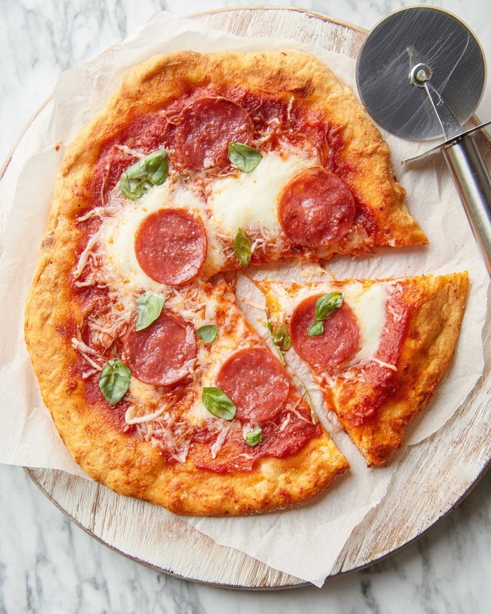 A pizza with a golden-brown crust forms the base layer, topped with a bright red tomato sauce spread evenly. On top, there are melted mozzarella cheese patches with a soft white texture, and three round slices of pepperoni with a reddish-pink color and a slightly shiny, oily surface. Small fresh green basil leaves are scattered on the pizza. The pizza is placed on white parchment paper over a round wooden board with a light natural color, and there is a pizza cutter with a metal circular blade and handle near the pizza on a white marbled surface. photo taken with an iphone --ar 4:5 --v 7