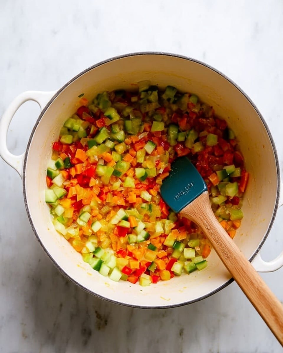 A top view of a white pot filled with a mix of diced vegetables that include green cucumber, red bell pepper, light yellow onion, and orange carrot. The vegetables are small cubes, spread evenly inside the pot. A wooden spatula with a blue silicone head rests inside the pot, its handle leaning on the rim. The pot sits on a white marbled surface. photo taken with an iphone --ar 4:5 --v 7