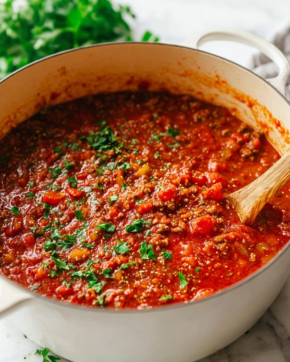 A deep white pot filled with thick red tomato sauce mixed with small brown ground meat pieces, diced yellow and red vegetables, and sprinkled with chopped bright green herbs on top, with a wooden spoon stirring inside, all set on a white marbled surface with blurred green herbs in the background, photo taken with an iphone --ar 4:5 --v 7