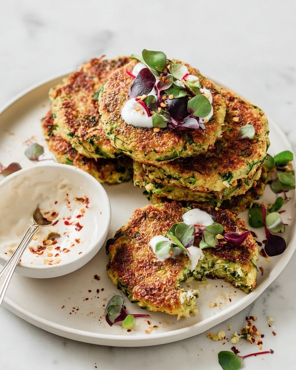 Four round, golden brown vegetable patties with green flecks are stacked and spread on a white plate. Each patty has a slightly crisp texture with some darker browned spots and is topped with small dollops of white sauce and a mix of deep purple and green leafy herbs. One patty is broken slightly to show a soft, green interior. To the left of the patties, there is a small white bowl with a creamy white sauce sprinkled with red pepper flakes, and a small spoon resting in it. The plate is set on a white marbled surface. photo taken with an iphone --ar 4:5 --v 7