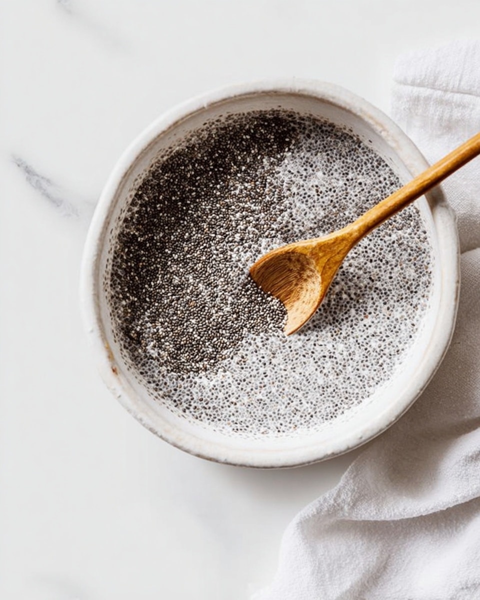 A white bowl filled with a thick, creamy mixture of tiny black chia seeds suspended evenly in a white liquid. A wooden spoon with a light brown color rests inside the bowl, slightly tilted, showing the texture of the mixture. The bowl sits on a white marbled surface with a soft white cloth partly visible on the right side. The overall look is clean and simple, focusing on the smooth texture and small chia seeds photo taken with an iphone --ar 4:5 --v 7