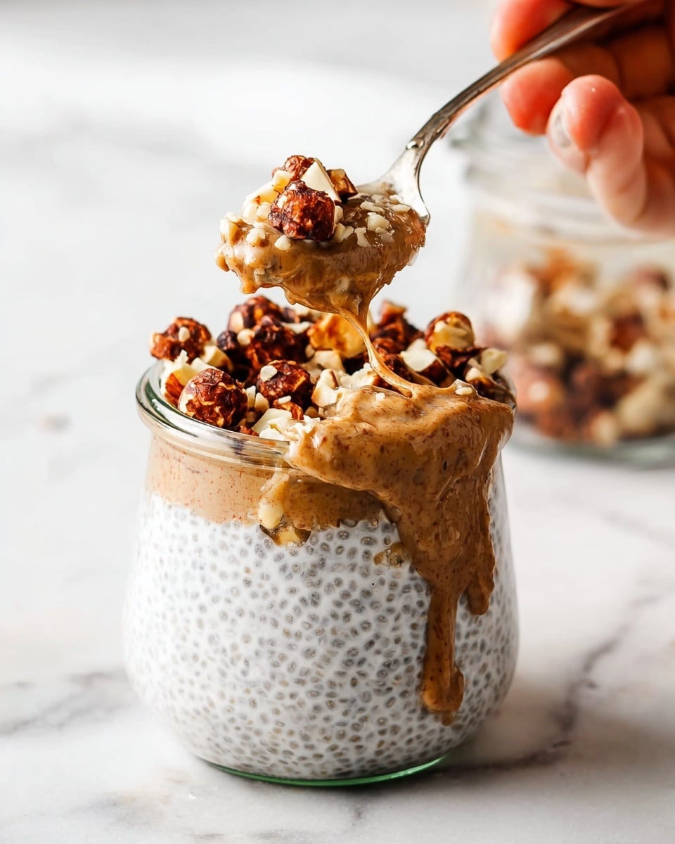 A small clear glass jar filled with three visible layers: the bottom layer is white chia pudding with tiny black chia seeds, the middle layer is a thick light brown nut butter spread unevenly inside the jar, and the top layer is a mix of white chia pudding and nut butter topped with chopped hazelnuts, with some nut butter dripping slightly down the side of the jar. A spoon held by a woman's hand is scooping from the top, lifting a mixture of chia pudding, nut butter, and hazelnuts. The jar is set against a white marbled background with a blurred jar in the back. Photo taken with an iphone --ar 4:5 --v 7