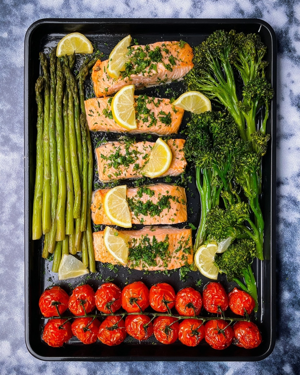 Easy Salmon Traybake Recipe 1 A black baking tray holds four cooked salmon fillets placed in the center horizontally, each topped with chopped green herbs and garnished with thin lemon slices partly under each fillet. On the left side of the tray, a bunch of cooked green asparagus spears are arranged in a neat row. On the right side, bright green broccolini pieces with slightly charred tops are scattered. Along the bottom edge of the tray, there are clusters of roasted red cherry tomatoes still on the vine. The tray is on a white marbled surface. photo taken with an iphone --ar 4:5 --v 7